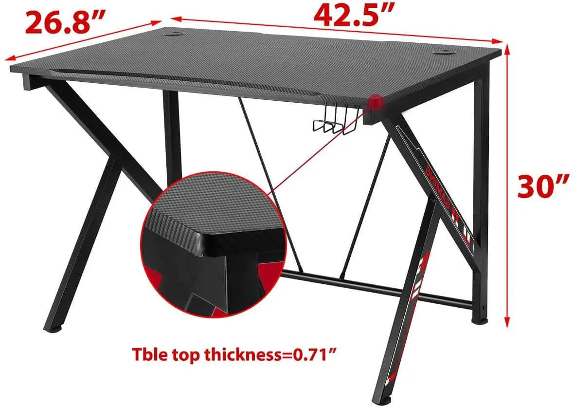 42.5" Gaming Desk K-Shape Gaming Table Home Computer Desk with Cup Holder and Headphone Hook Gamer Workstation Game Table, Red