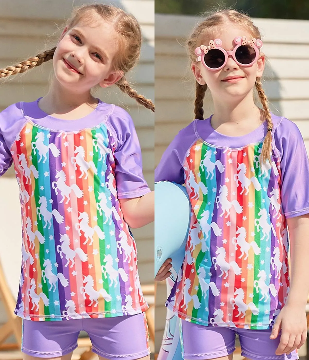 AIDEAONE Girls Rash Guard Swimsuit Short Sleeve Two Piece Bathing Suit Size 3-12T
