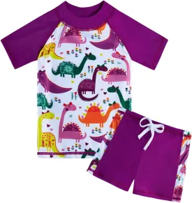 AIDEAONE Girls Rash Guard Swimsuit Short Sleeve Two Piece Bathing Suit Size 3-12T