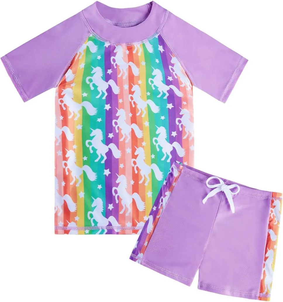 AIDEAONE Girls Rash Guard Swimsuit Short Sleeve Two Piece Bathing Suit Size 3-12T