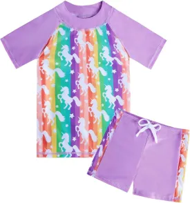 AIDEAONE Girls Rash Guard Swimsuit Short Sleeve Two Piece Bathing Suit Size 3-12T