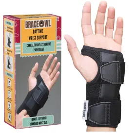 BRACEOWL-Carpal Tunnel Wrist Brace for Work, Daytime Adjustable Wrist Support with Splint for Typing, Gaming, Sports, Pain Relief For Arthritis, Tendonitis, Men, Women, Left Hand Standard
