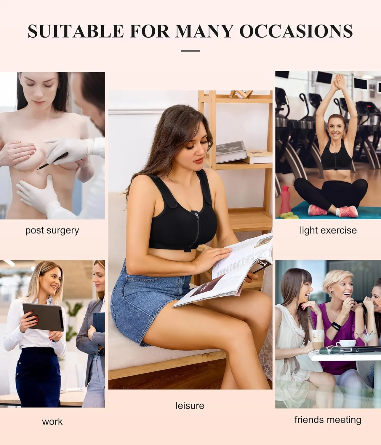 CYDREAM Zip Front Closure Wireless Bras for Women Full Coverage Post Surgery Compression Back Smoothing Comfort Adjustable