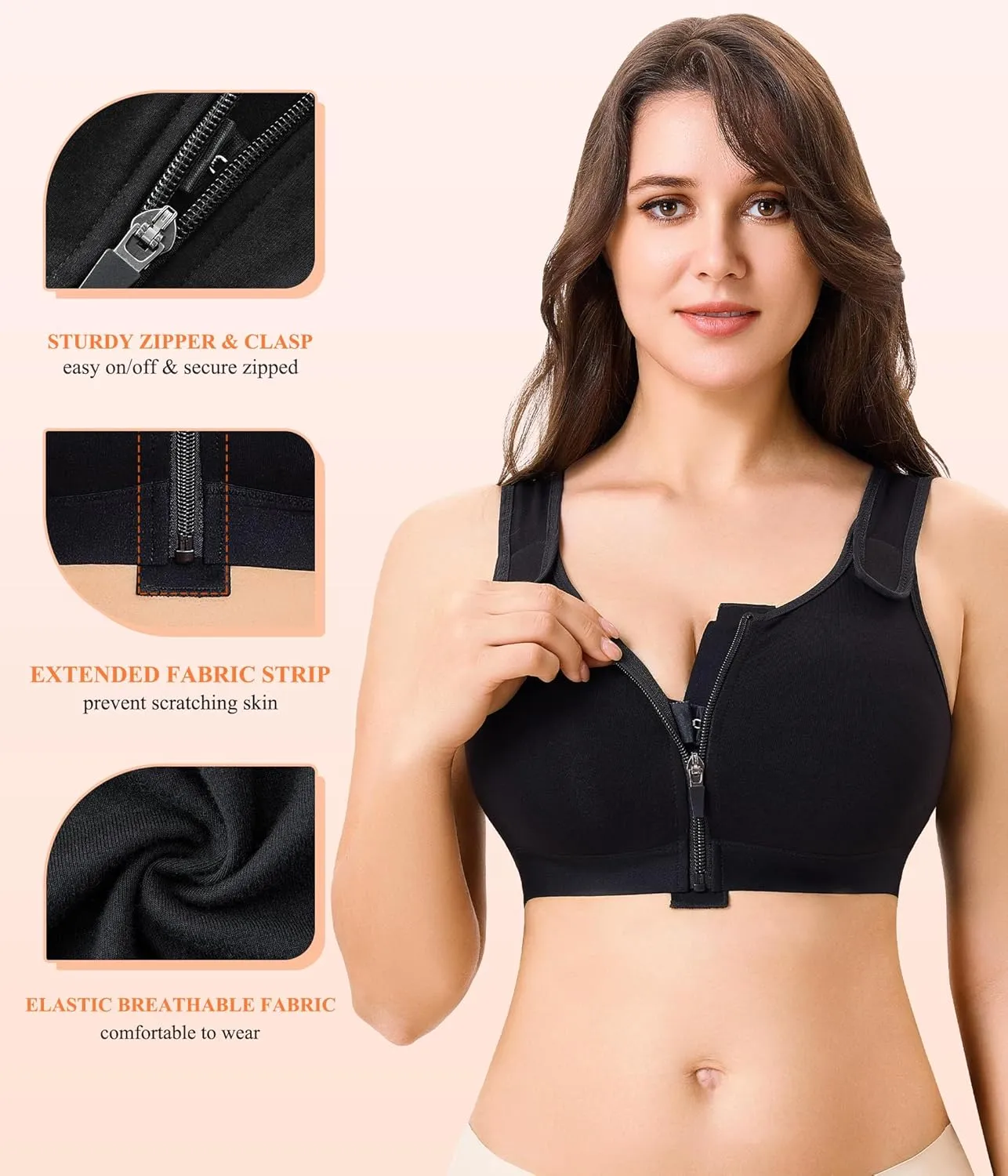CYDREAM Zip Front Closure Wireless Bras for Women Full Coverage Post Surgery Compression Back Smoothing Comfort Adjustable