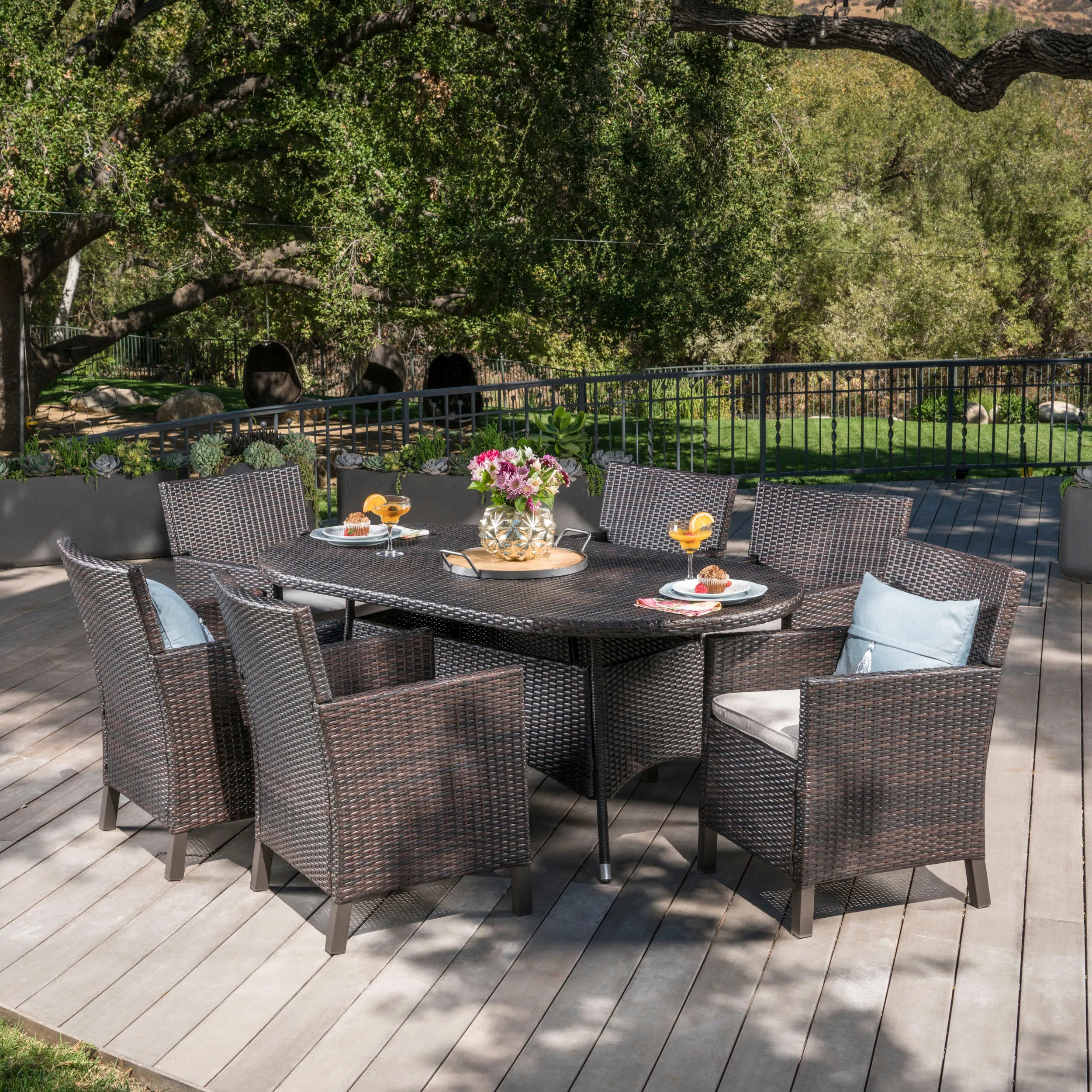 Cyril Outdoor 7 Piece Wicker Round Dining Set with Water Resistant Cushions