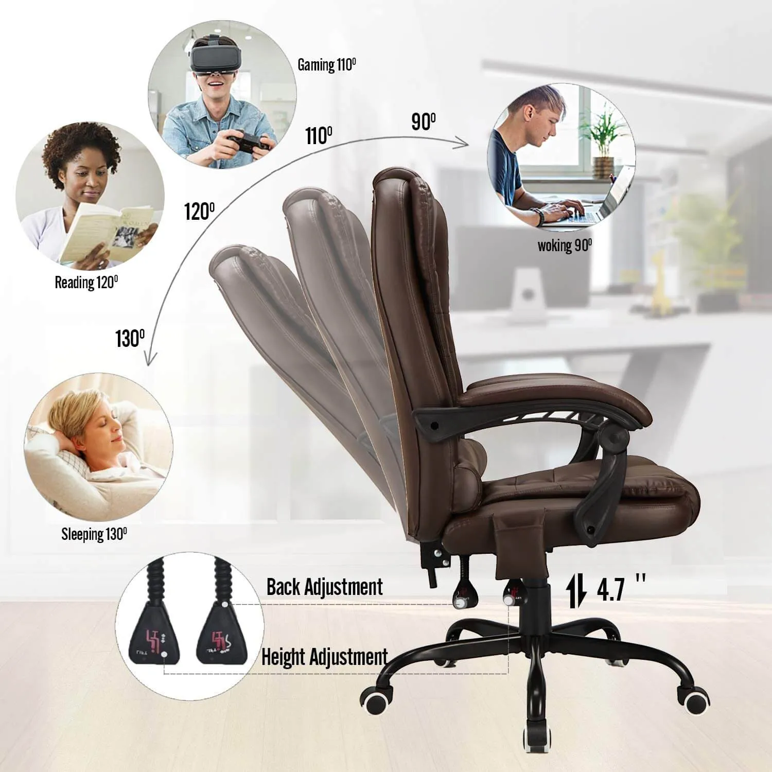 Ergonomic Office Chair, High-Back Computer Desk Chair with Heated Massage & Lumbar Support, Brown (Without Footrest)