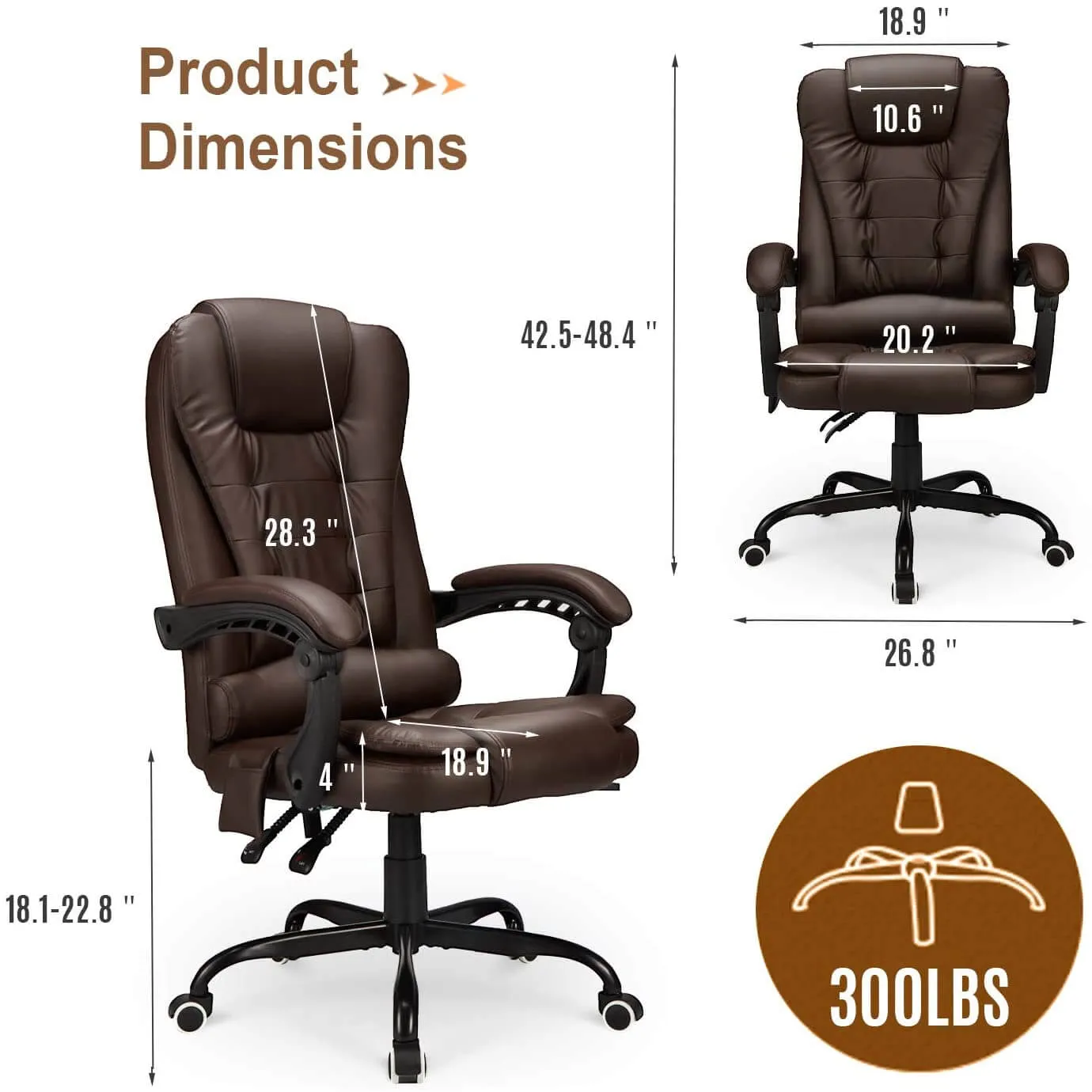 Ergonomic Office Chair, High-Back Computer Desk Chair with Heated Massage & Lumbar Support, Brown (Without Footrest)