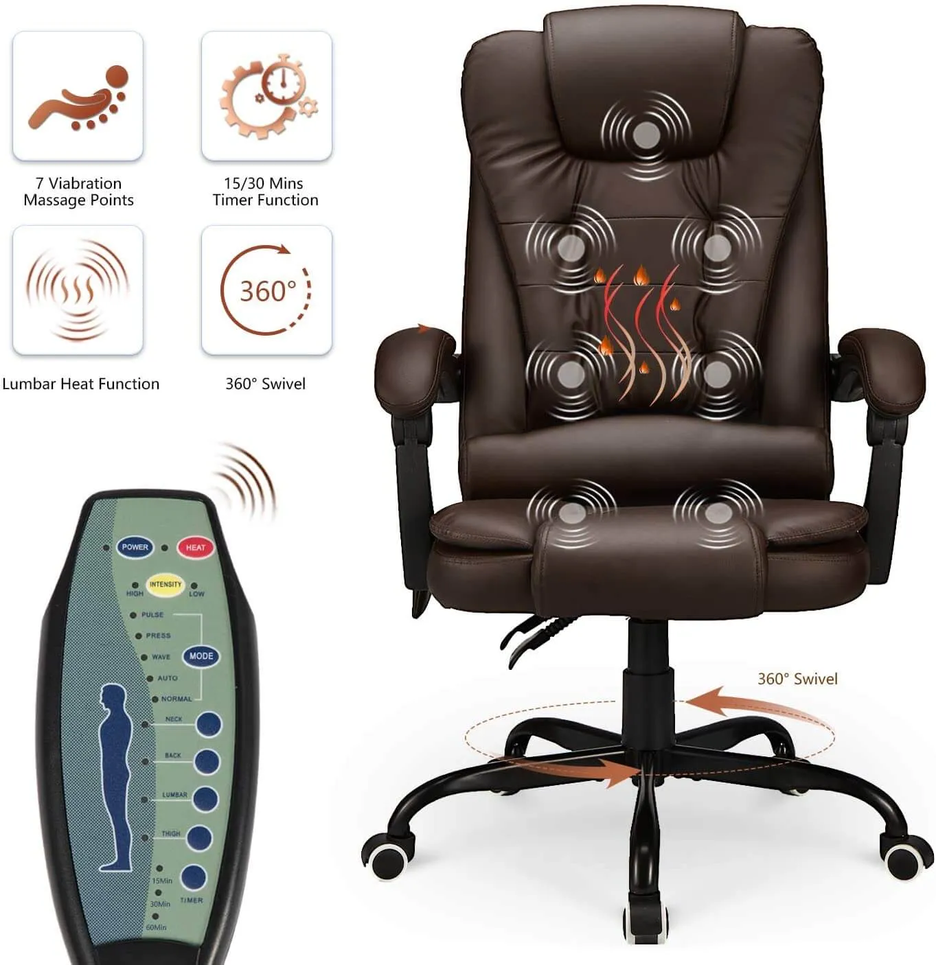 Ergonomic Office Chair, High-Back Computer Desk Chair with Heated Massage & Lumbar Support, Brown (Without Footrest)