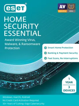 ESET Home Security Essential | Antivirus | 2025 Edition | 3 Devices | 1 Year | Parental Control | Privacy | IOT Protection | Ransomware | Digital Download [PC/Mac/Android]