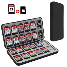 FYY Nintendo Switch Game Case Holder - Black Nintendo Switch Cartridge Case with 24 Game Card Slots & 48 Micro SD Card Slots, Hard Shell, Silicone Lining