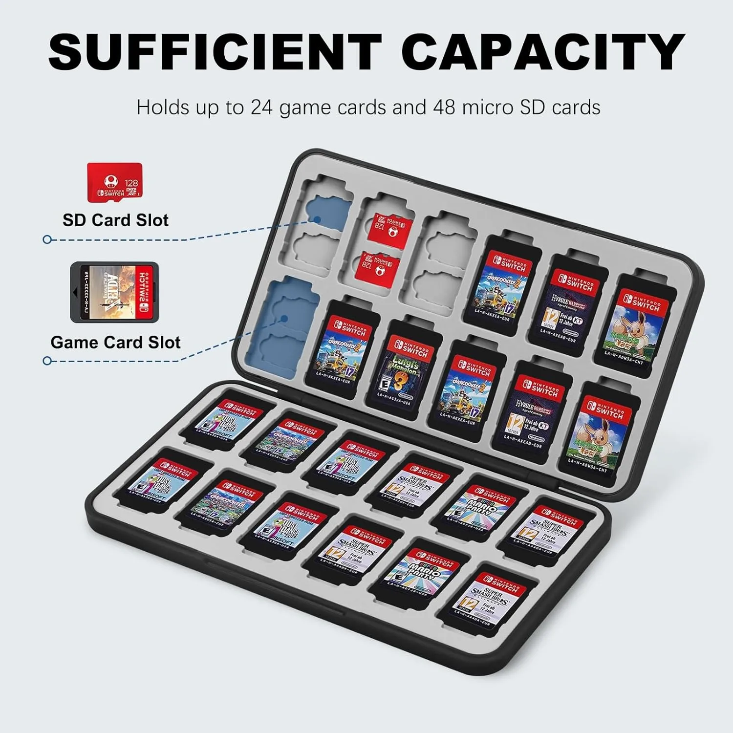 FYY Nintendo Switch Game Case Holder - Black Nintendo Switch Cartridge Case with 24 Game Card Slots & 48 Micro SD Card Slots, Hard Shell, Silicone Lining