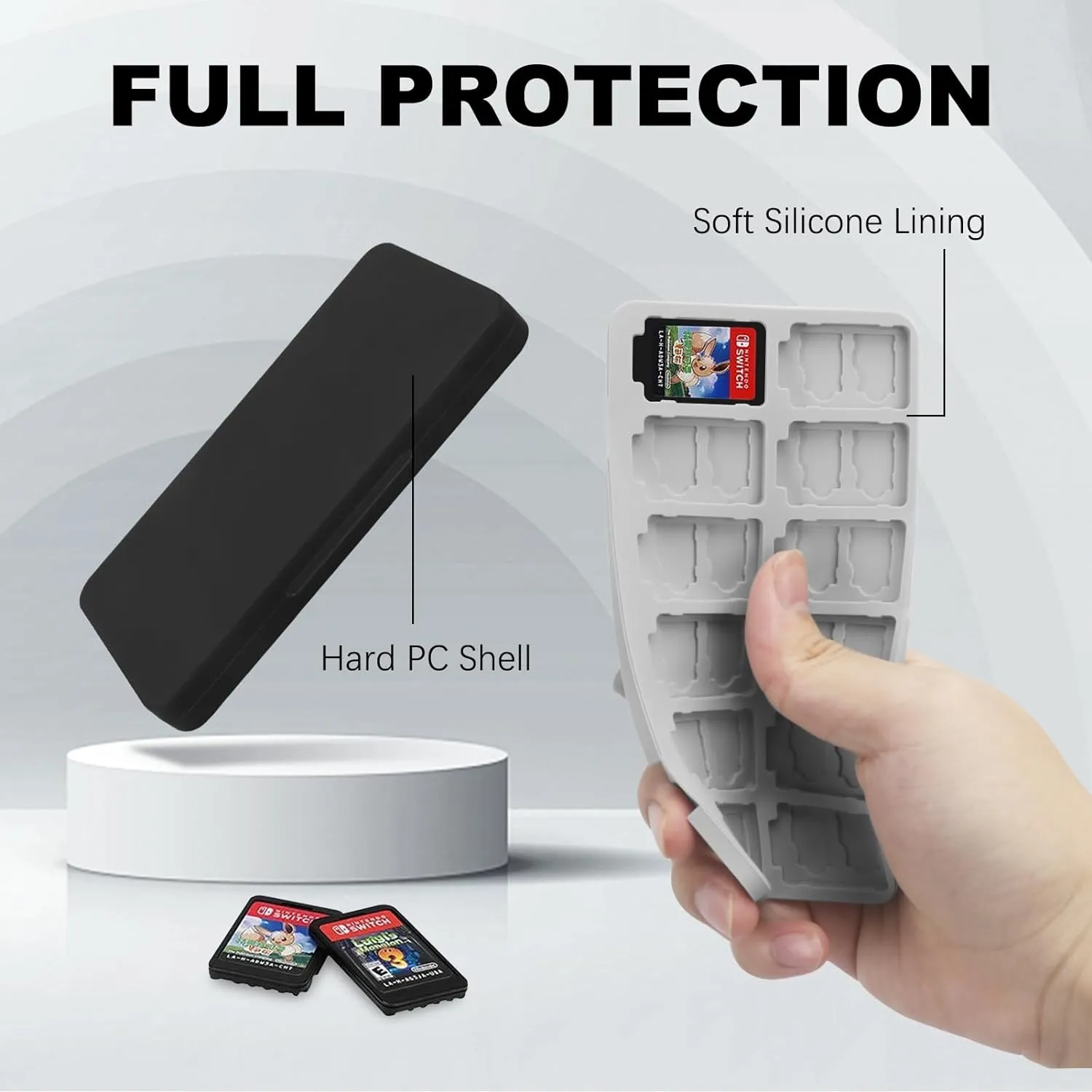 FYY Nintendo Switch Game Case Holder - Black Nintendo Switch Cartridge Case with 24 Game Card Slots & 48 Micro SD Card Slots, Hard Shell, Silicone Lining