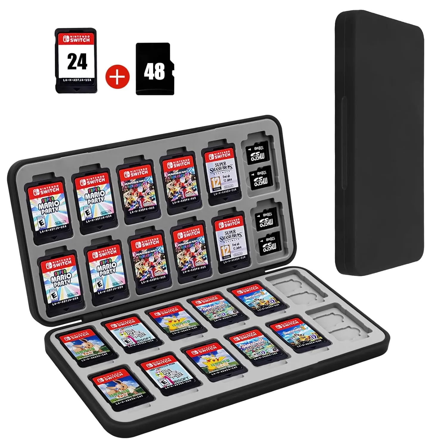 FYY Nintendo Switch Game Case Holder - Black Nintendo Switch Cartridge Case with 24 Game Card Slots & 48 Micro SD Card Slots, Hard Shell, Silicone Lining