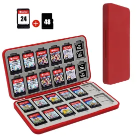 FYY Nintendo Switch Game Case Holder - Red Nintendo Switch Cartridge Case with 24 Game Card Slots & 48 Micro SD Card Slots, Hard Shell, Silicone Lining