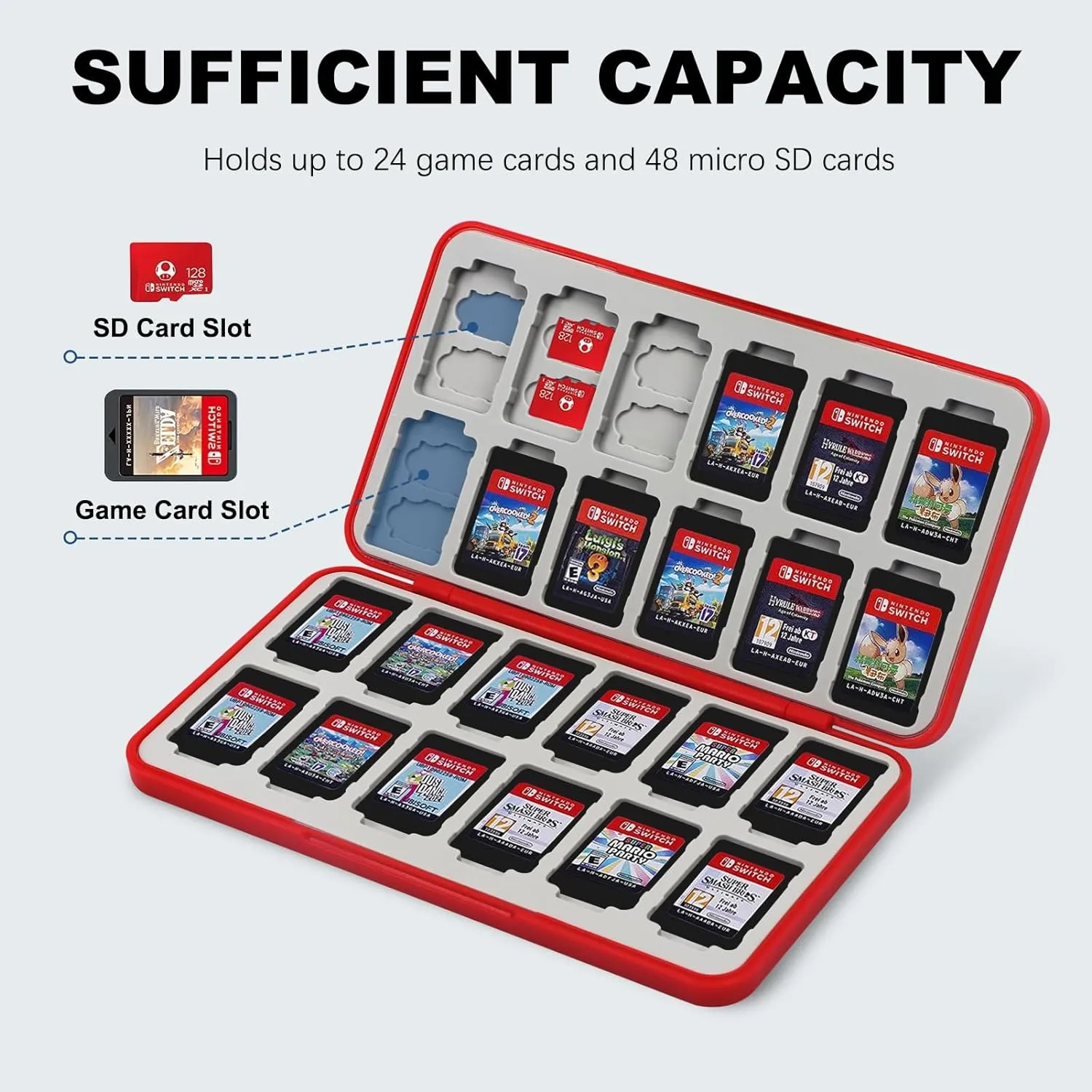FYY Nintendo Switch Game Case Holder - Red Nintendo Switch Cartridge Case with 24 Game Card Slots & 48 Micro SD Card Slots, Hard Shell, Silicone Lining