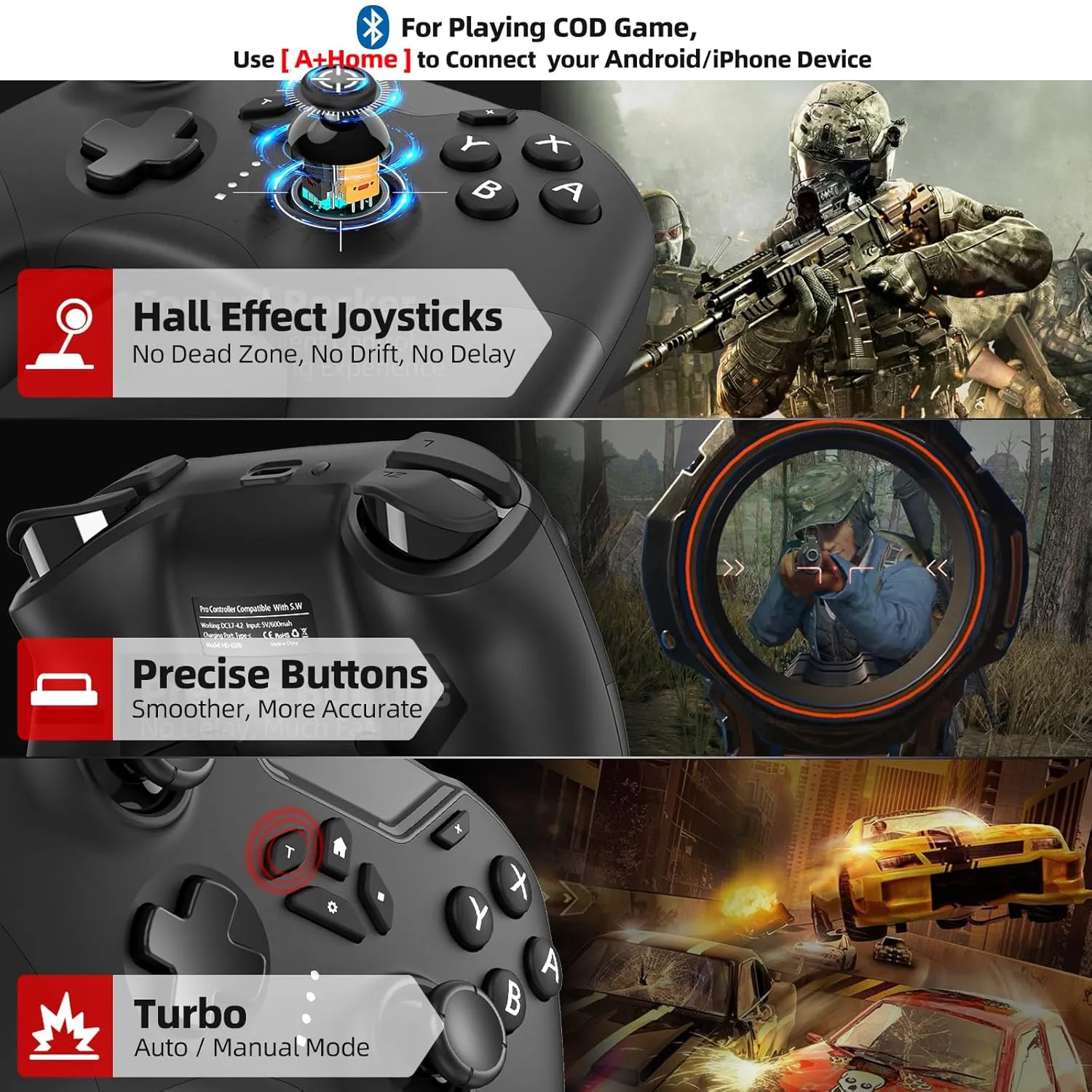 Hall Effect Bluetooth Controller for Switch/PC/iPhone/Android/TV/Steam, Pro Wireless Game Controller Remote Gamepad with Phone Clip with Hall Joystick/Lock Speed/6-Axis Gyro/Dual Motors/Turbo/Macro