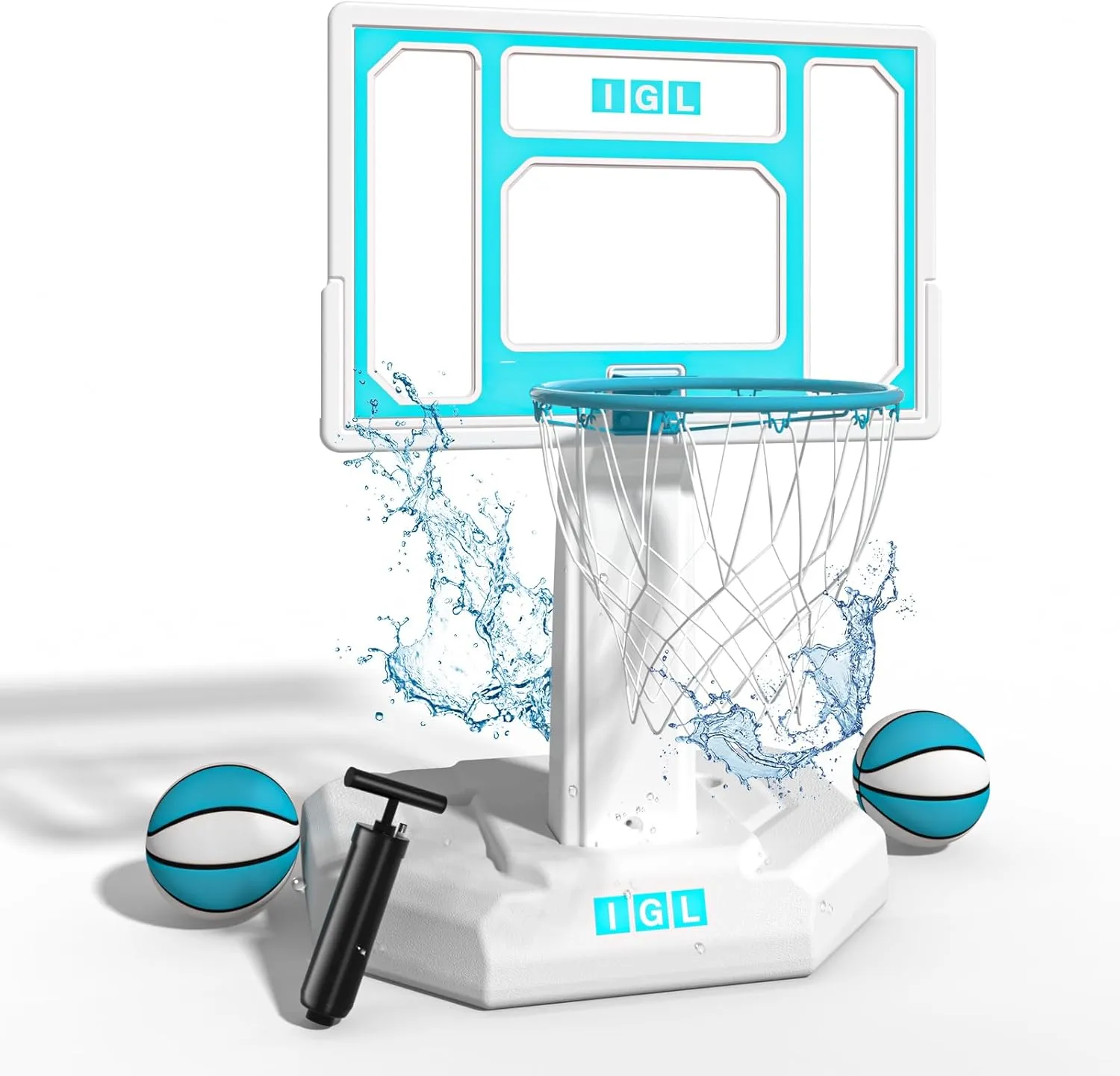 IGL DunkSplash Elite Pool Basketball Hoop, Swimming Pool Basketball Hoop Poolside with PC Backboard, Stainless Steel Rim, Water Storage Base & Stand with 2 Balls & Pump