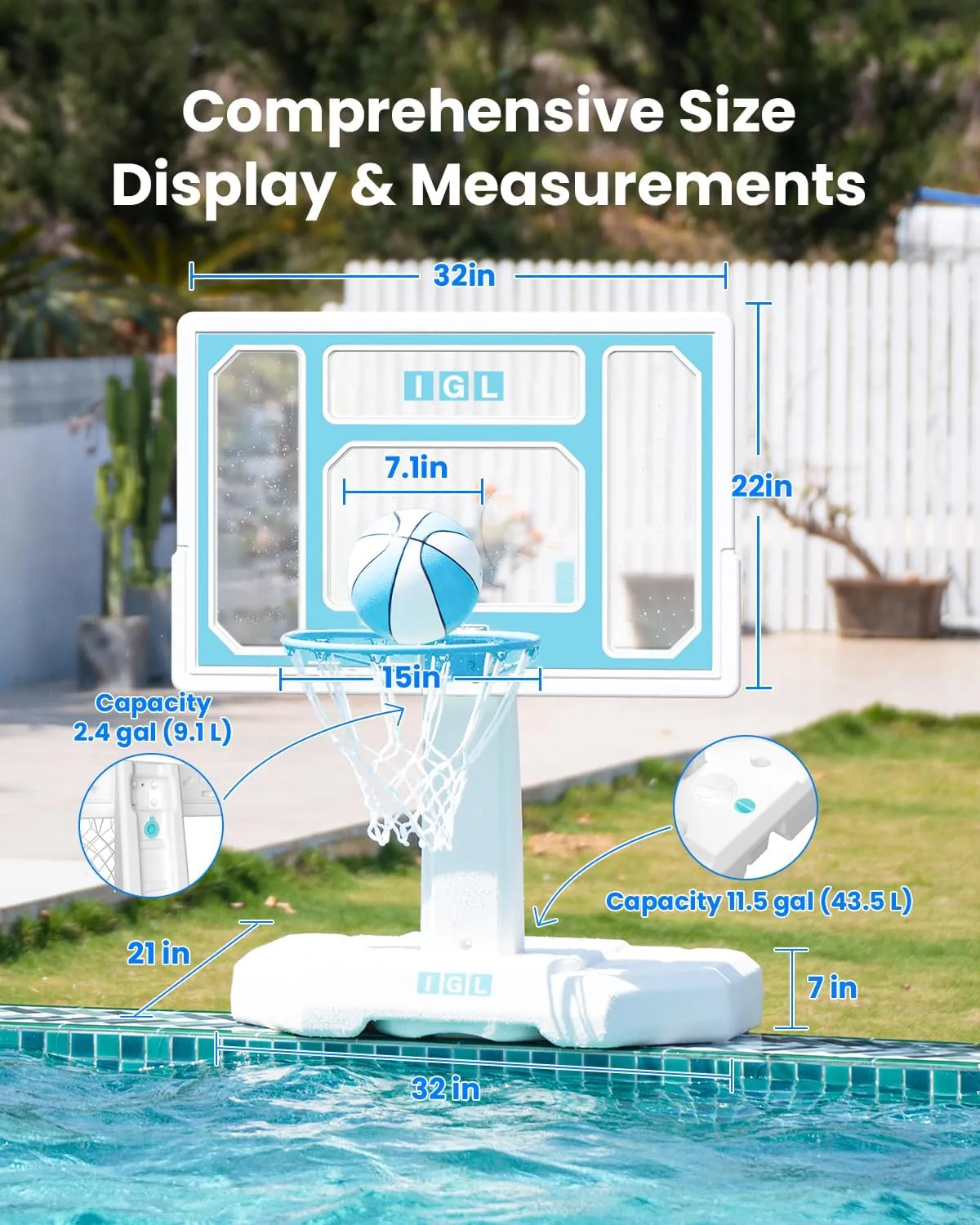 IGL DunkSplash Elite Pool Basketball Hoop, Swimming Pool Basketball Hoop Poolside with PC Backboard, Stainless Steel Rim, Water Storage Base & Stand with 2 Balls & Pump