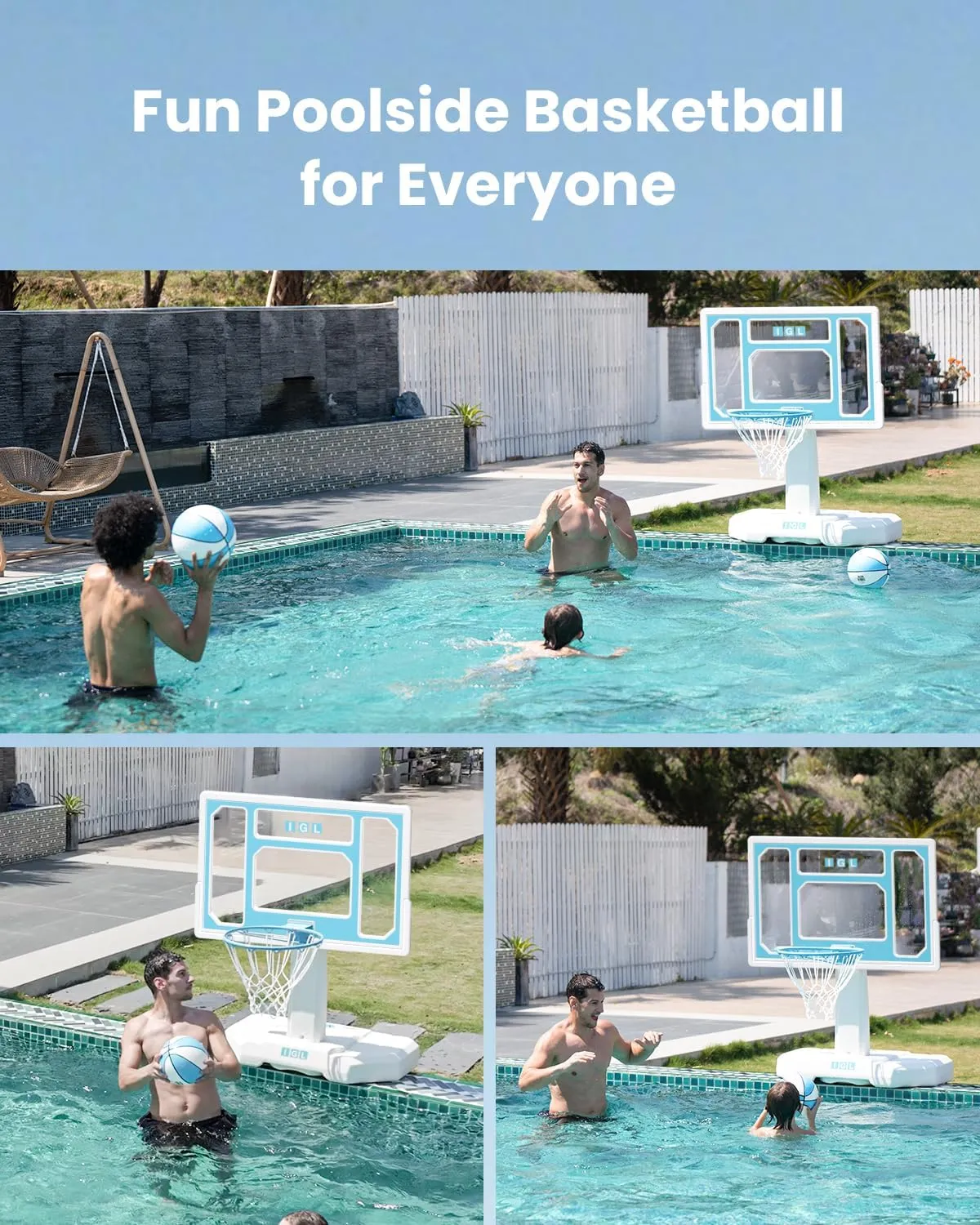 IGL DunkSplash Elite Pool Basketball Hoop, Swimming Pool Basketball Hoop Poolside with PC Backboard, Stainless Steel Rim, Water Storage Base & Stand with 2 Balls & Pump