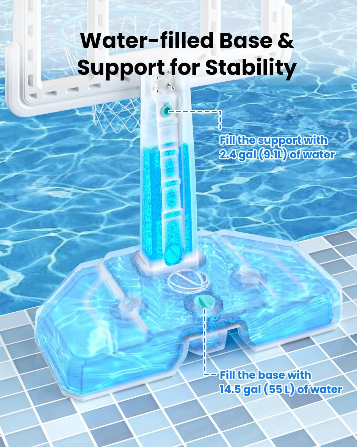 IGL DunkSplash Elite Pool Basketball Hoop, Swimming Pool Basketball Hoop Poolside with PC Backboard, Stainless Steel Rim, Water Storage Base & Stand with 2 Balls & Pump