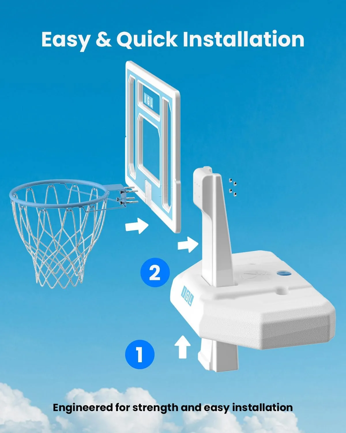 IGL DunkSplash Elite Pool Basketball Hoop, Swimming Pool Basketball Hoop Poolside with PC Backboard, Stainless Steel Rim, Water Storage Base & Stand with 2 Balls & Pump