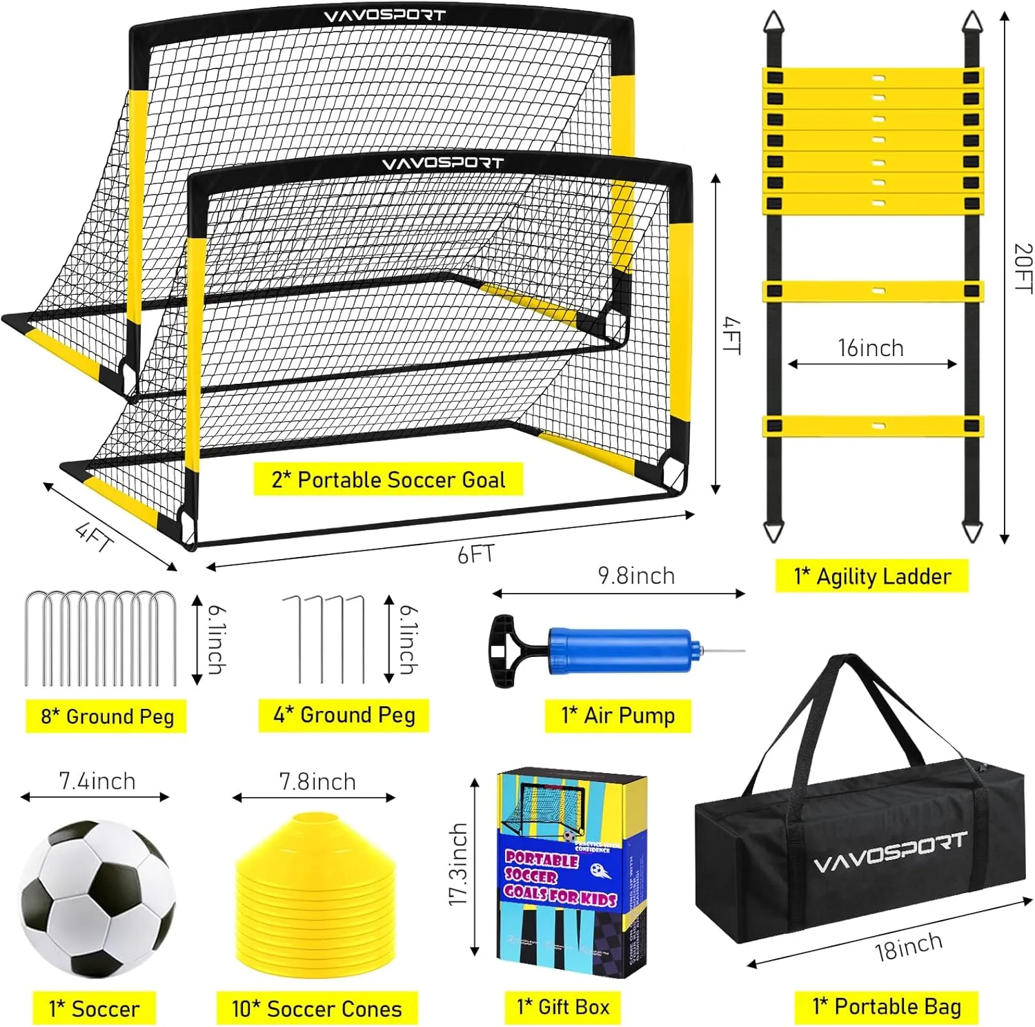 Kids Soccer Goals for Backyard Set, 2 of 6x4 ft Portable Pop Up Soccer Goal Training Equipment, Soccer Net with Soccer Ball, Ladder, Cones, Soccer Set for Youth Toddler Games, Sports