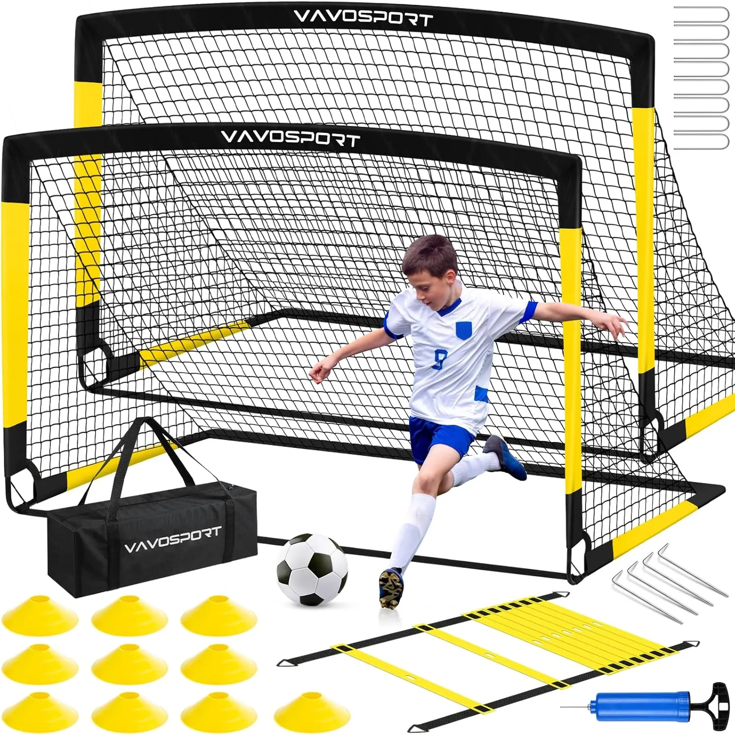 Kids Soccer Goals for Backyard Set, 2 of 6x4 ft Portable Pop Up Soccer Goal Training Equipment, Soccer Net with Soccer Ball, Ladder, Cones, Soccer Set for Youth Toddler Games, Sports