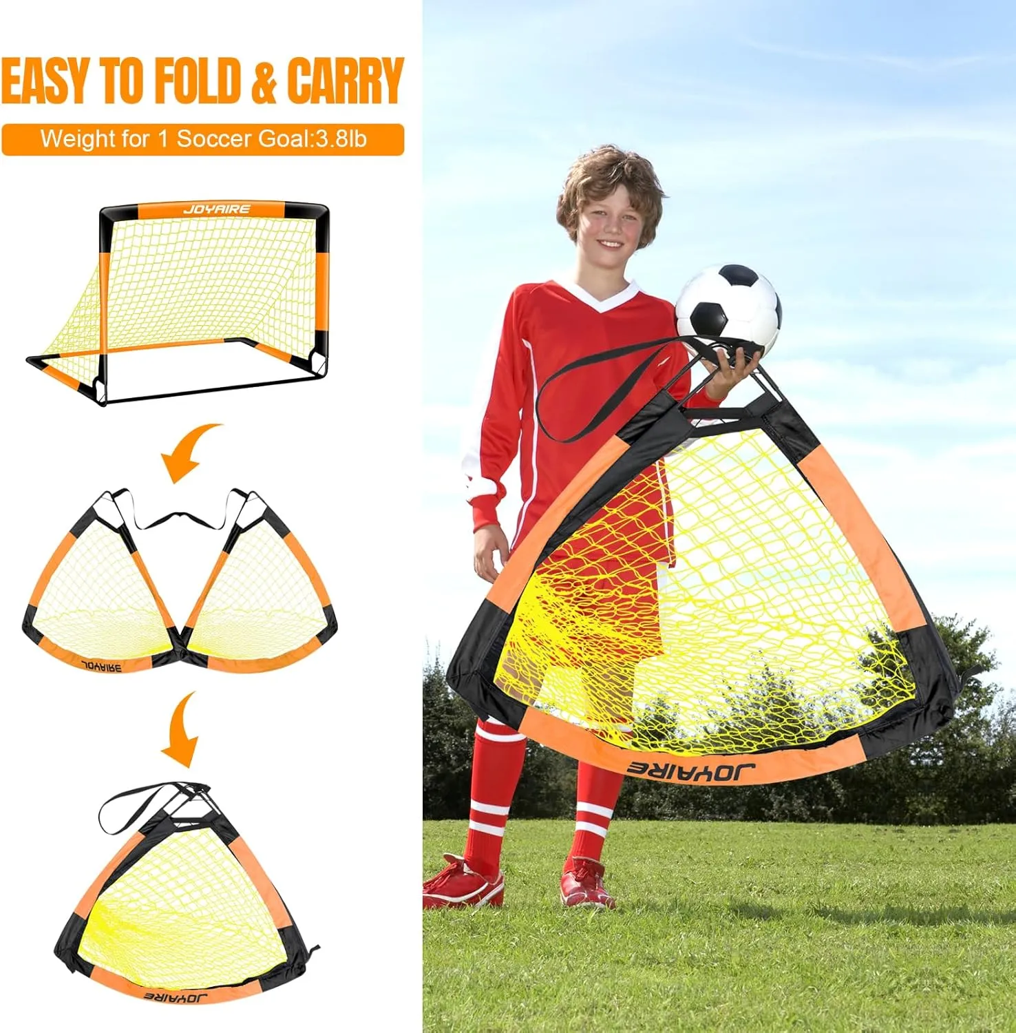 Kids Soccer Goals for Backyard Set, Portable Toddler Soccer Goal 2 of 6x4 ft, 4x3 ft, 7x5 ft, Soccer Training Equipment, Pop Up Soccer Net Kit with Size 4 Soccer Ball, Outdoor Sports Play, Youth Game
