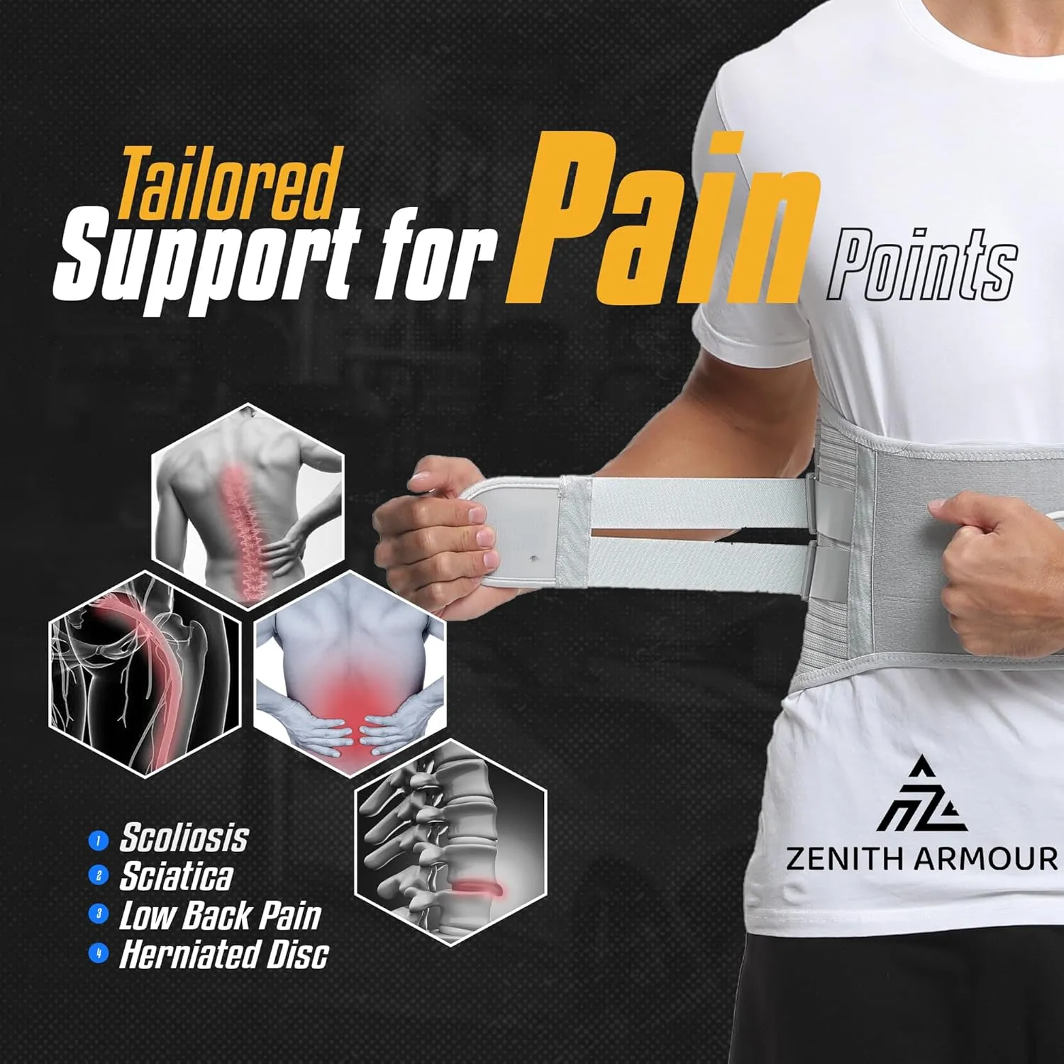 Lumbar Support, Lower Back Brace Support for Lower Back Pain Relief, Scoliosis, Herniated Disc, Sciatica - Adjustable, Removable Metal Plate, Machine Washable - Men and Women (Medium)
