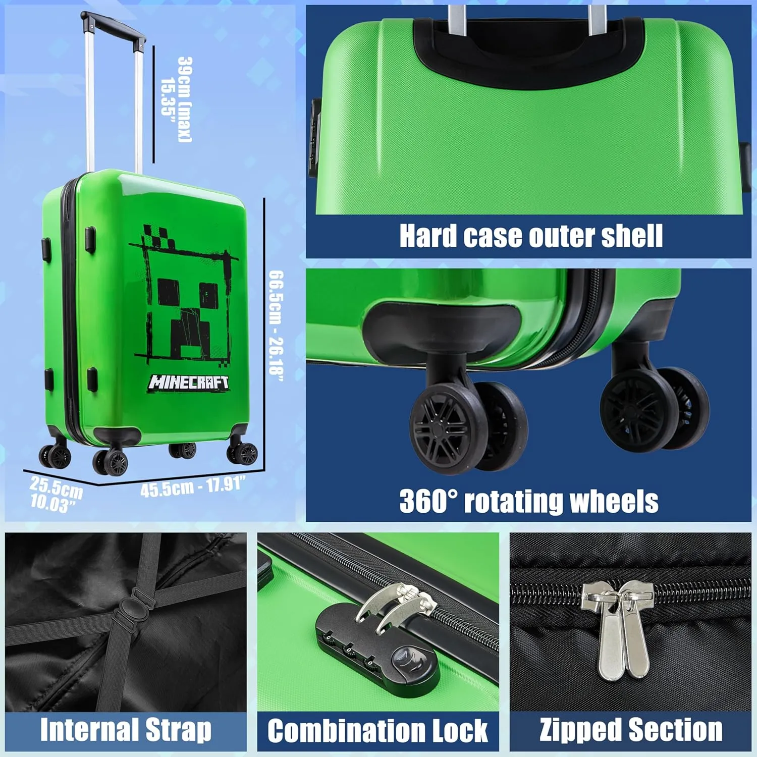 Minecraft Suitcase for Kids Teens Creeper Hard Shell Luggage Rolling Suitcase 4 Wheels Travel Essentials Vacations Trips (Large Green, M (H26.2 xW18, 46L))