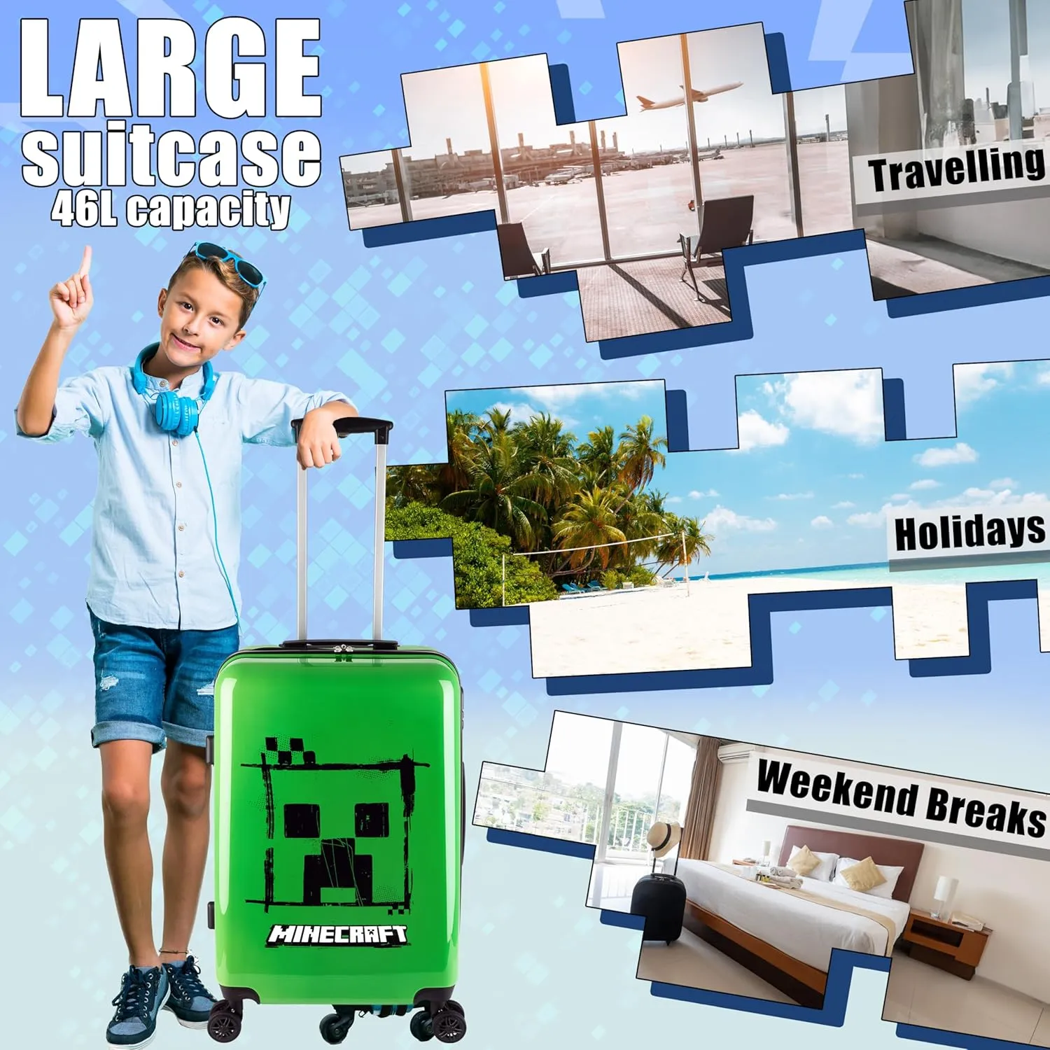 Minecraft Suitcase for Kids Teens Creeper Hard Shell Luggage Rolling Suitcase 4 Wheels Travel Essentials Vacations Trips (Large Green, M (H26.2 xW18, 46L))