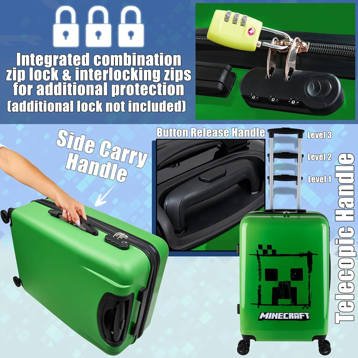 Minecraft Suitcase for Kids Teens Creeper Hard Shell Luggage Rolling Suitcase 4 Wheels Travel Essentials Vacations Trips (Large Green, M (H26.2 xW18, 46L))