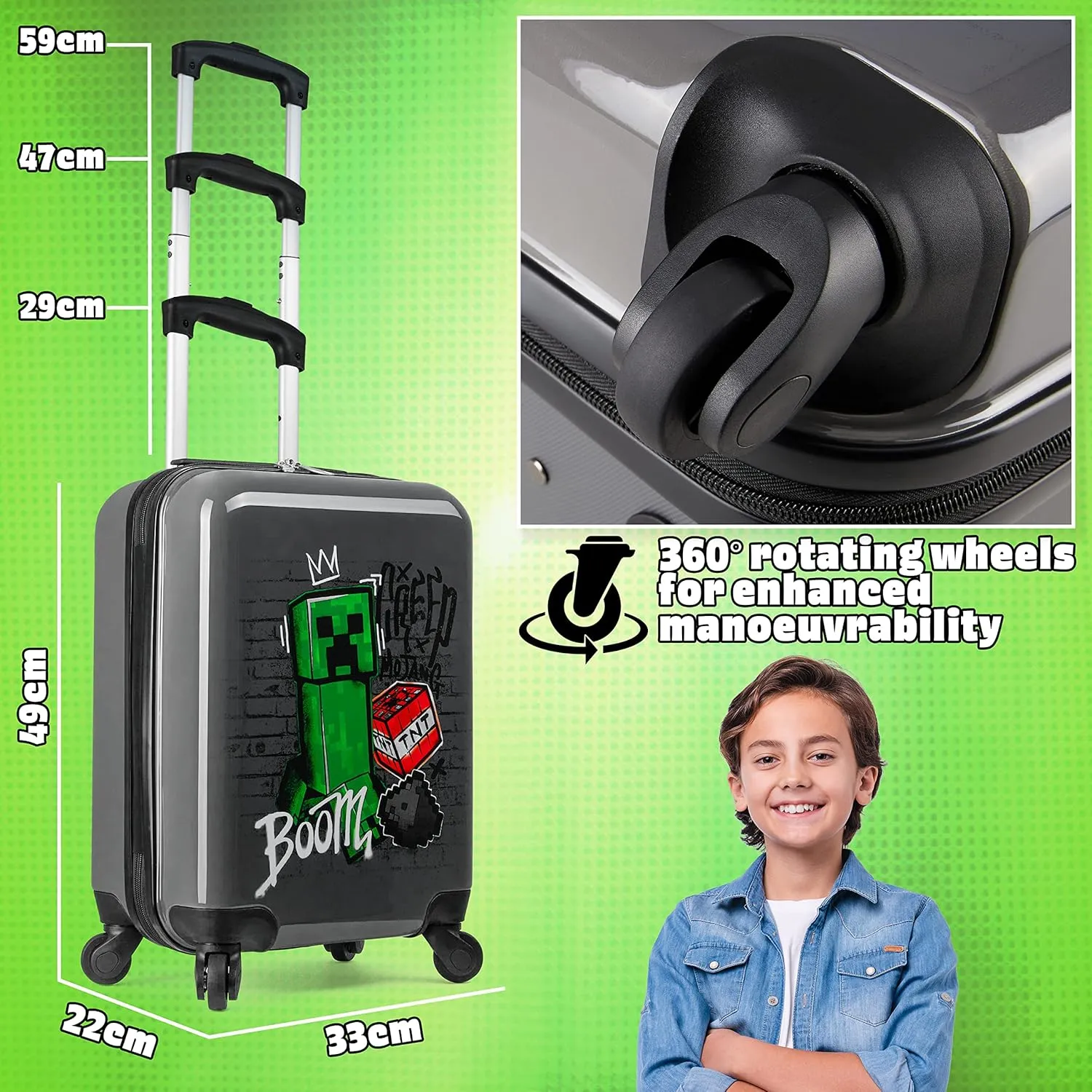 Minecraft Suitcase for Kids Teens Creeper Hard Shell Luggage Rolling Suitcase 4 Wheels Travel Essentials Vacations Trips (Medium Grey, 19.29?? - 30L)
