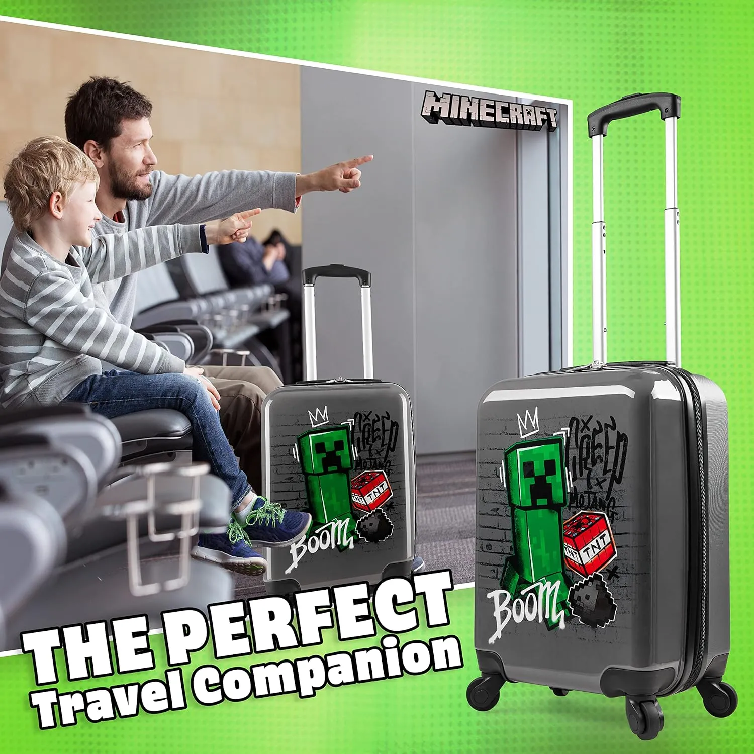 Minecraft Suitcase for Kids Teens Creeper Hard Shell Luggage Rolling Suitcase 4 Wheels Travel Essentials Vacations Trips (Medium Grey, 19.29?? - 30L)