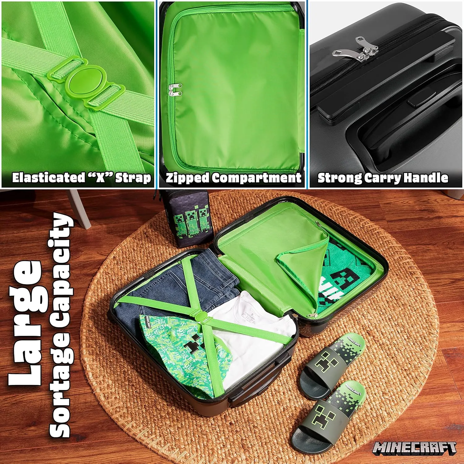 Minecraft Suitcase for Kids Teens Creeper Hard Shell Luggage Rolling Suitcase 4 Wheels Travel Essentials Vacations Trips (Medium Grey, 19.29?? - 30L)
