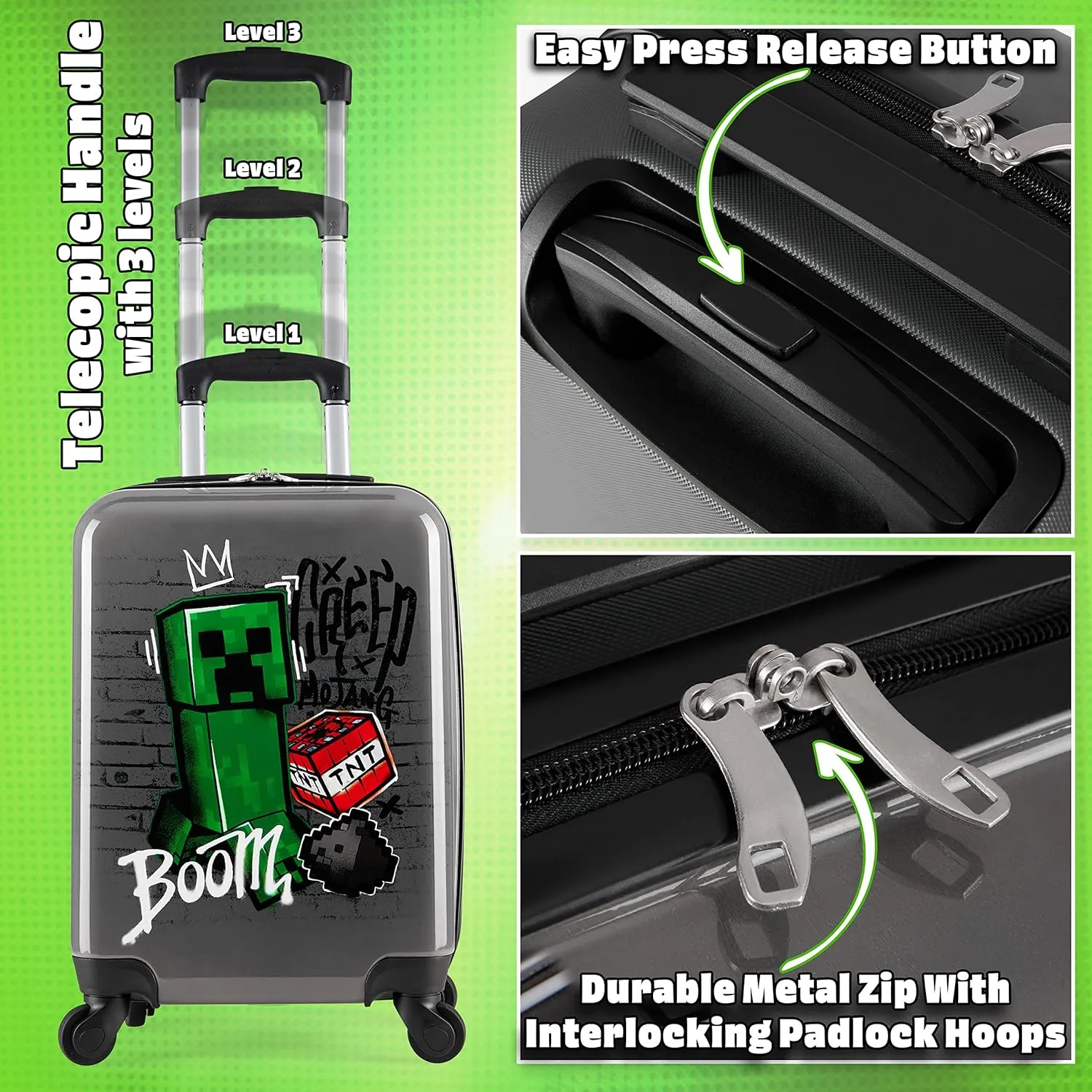 Minecraft Suitcase for Kids Teens Creeper Hard Shell Luggage Rolling Suitcase 4 Wheels Travel Essentials Vacations Trips (Medium Grey, 19.29?? - 30L)