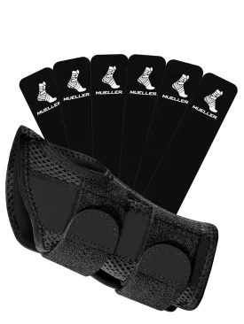 MUELLER Esports Medicine Fitted Wrist Brace, Wrist Pain Relief Support for Men and Women, 6 Ktape Strips Included, Ideal for Gamer's, Carpal Tunnel, Tendinitis, Arthritis, Left Hand, Black, One Size