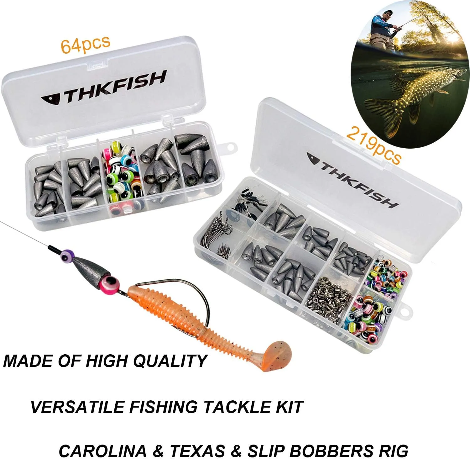 THKFISH Fishing Weights Sinkers Fishing Beads Bullet Sinkers Carolina Rig Texas Rig Kit Fishing Accessories Kit 64pcs/219pcs