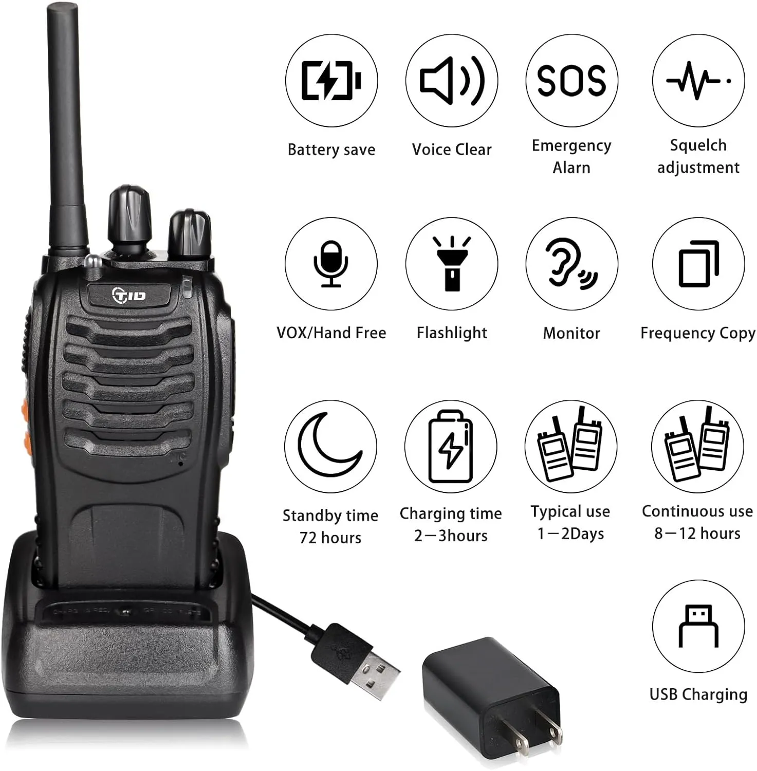 TIDRADIO Walkie Talkies for Adults Long Range, Frequency Copy, Rechargeable Two Way Radios with Secret Service Earpiece, 16CH Portable Flashlight VOX for Business Family TD-V2 (10 Pack,Black)