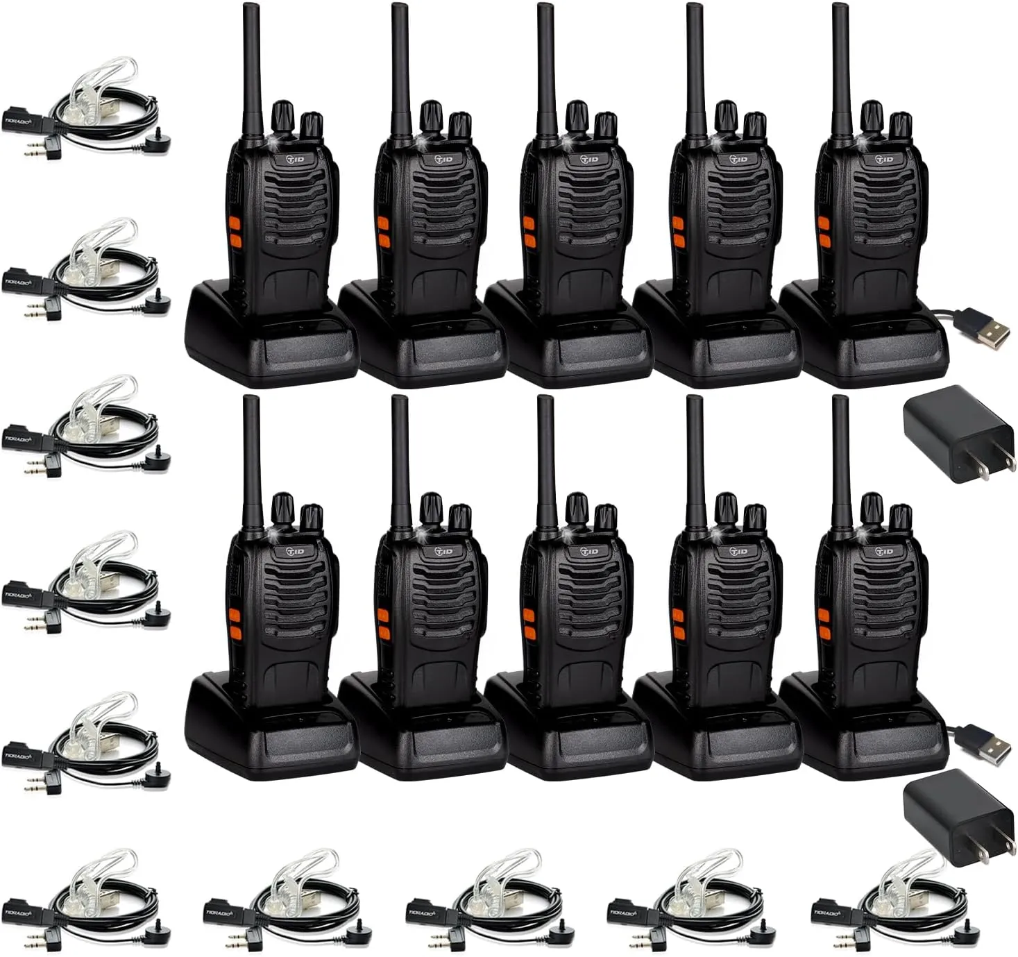 TIDRADIO Walkie Talkies for Adults Long Range, Frequency Copy, Rechargeable Two Way Radios with Secret Service Earpiece, 16CH Portable Flashlight VOX for Business Family TD-V2 (10 Pack,Black)