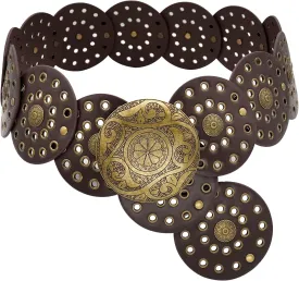 Wide Disc Belt for Women Boho Concho Leather Belts Vintage Western Waist Belt