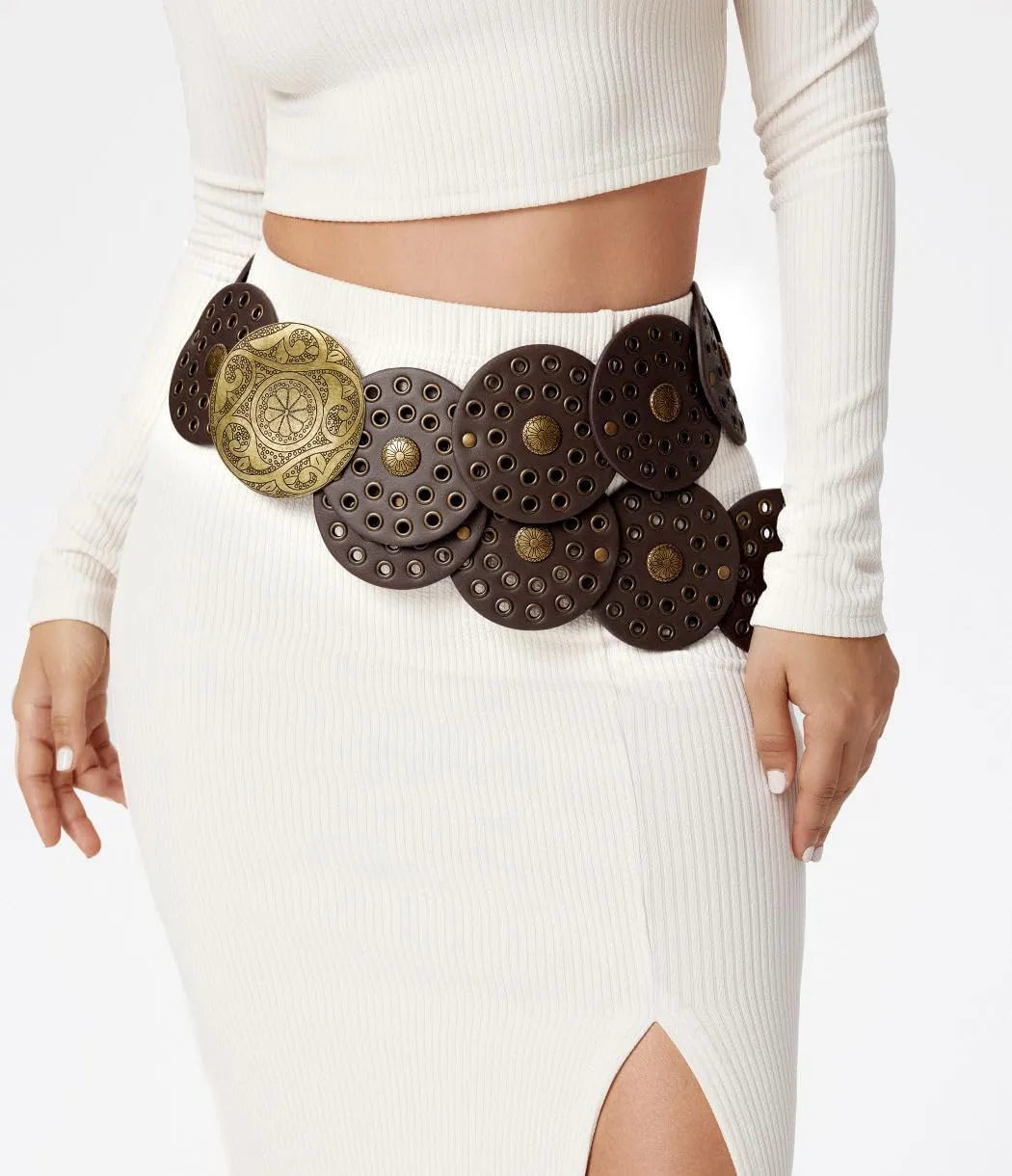 Wide Disc Belt for Women Boho Concho Leather Belts Vintage Western Waist Belt