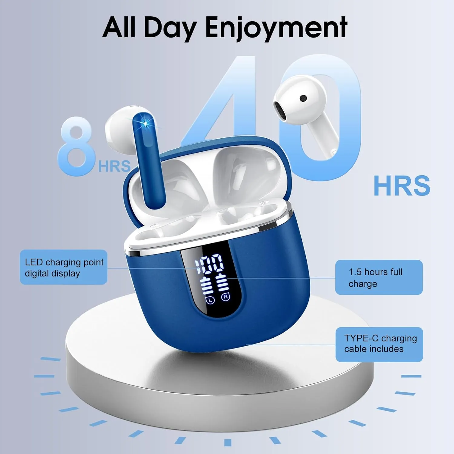 Wireless Earbuds, 2025 Bluetooth 5.4 Headphones in Ear Buds 3D Bass Stereo, 40H Ultralight Bluetooth Earbuds with 4 ENC Noise Cancelling Mic, USB-C, IP7 Waterproof Earphones for Android iOS Pad, Blue