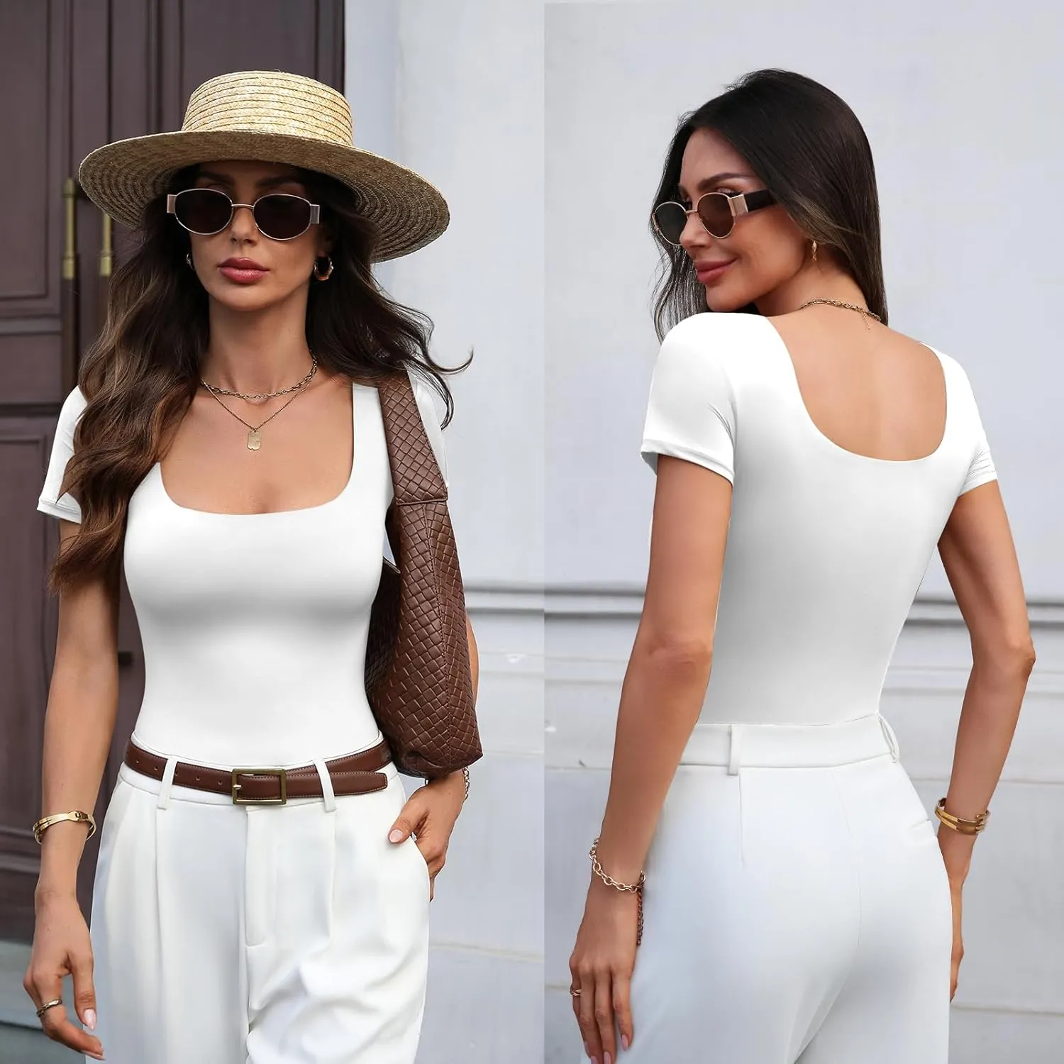 Women's Bodysuits Square Neck Short Sleeve Summer Sexy Double-Lined Body Suits Tops