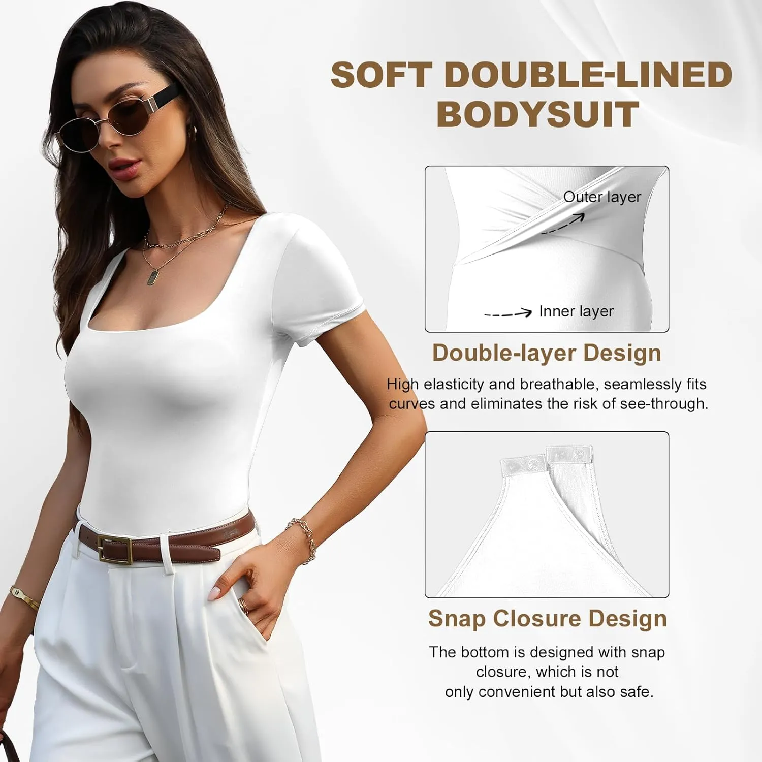 Women's Bodysuits Square Neck Short Sleeve Summer Sexy Double-Lined Body Suits Tops