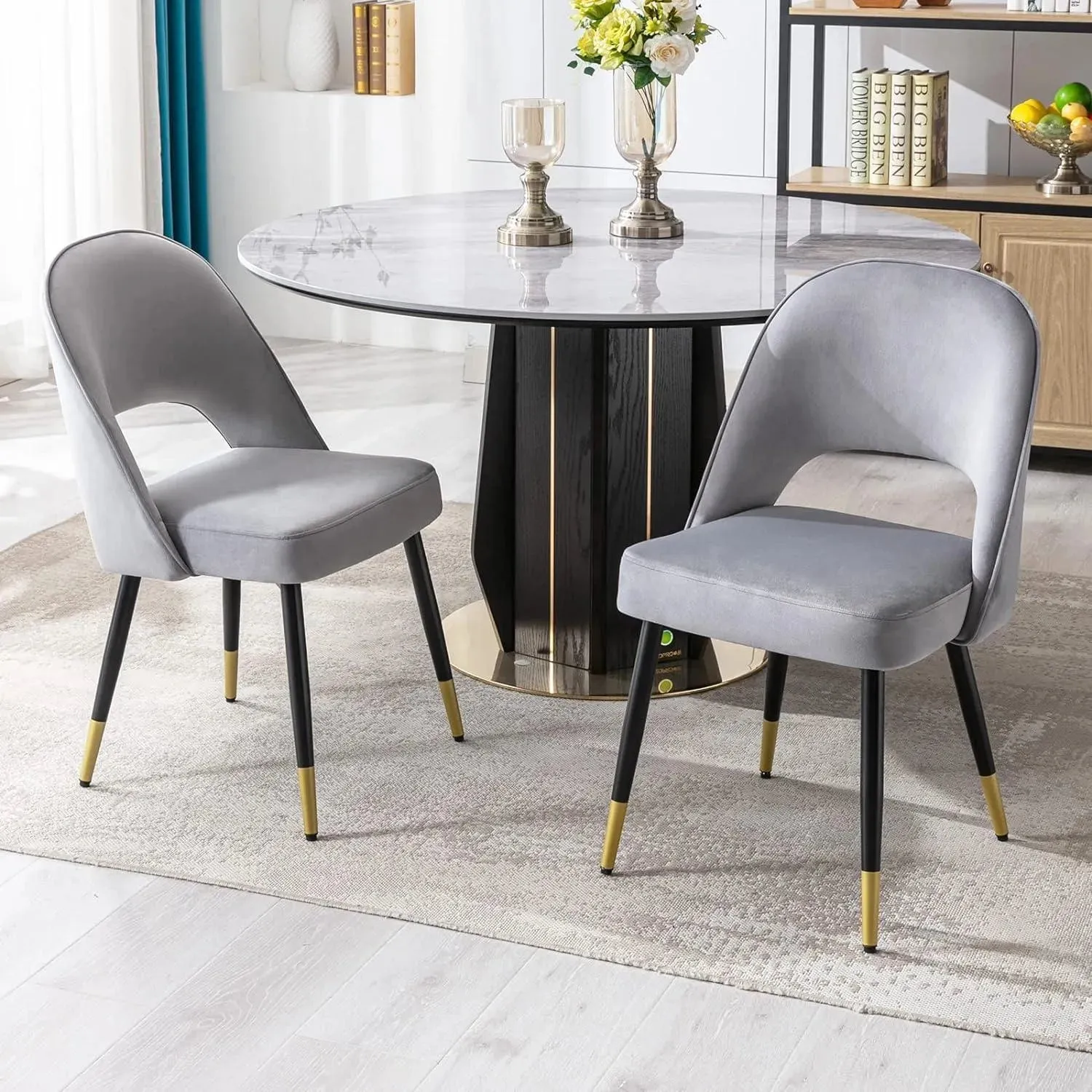 Wooden Twist Modern Stylish Loop Backrest Velvet Upholstery Cafe Dining Chairs with Metal Legs (Set of 2)